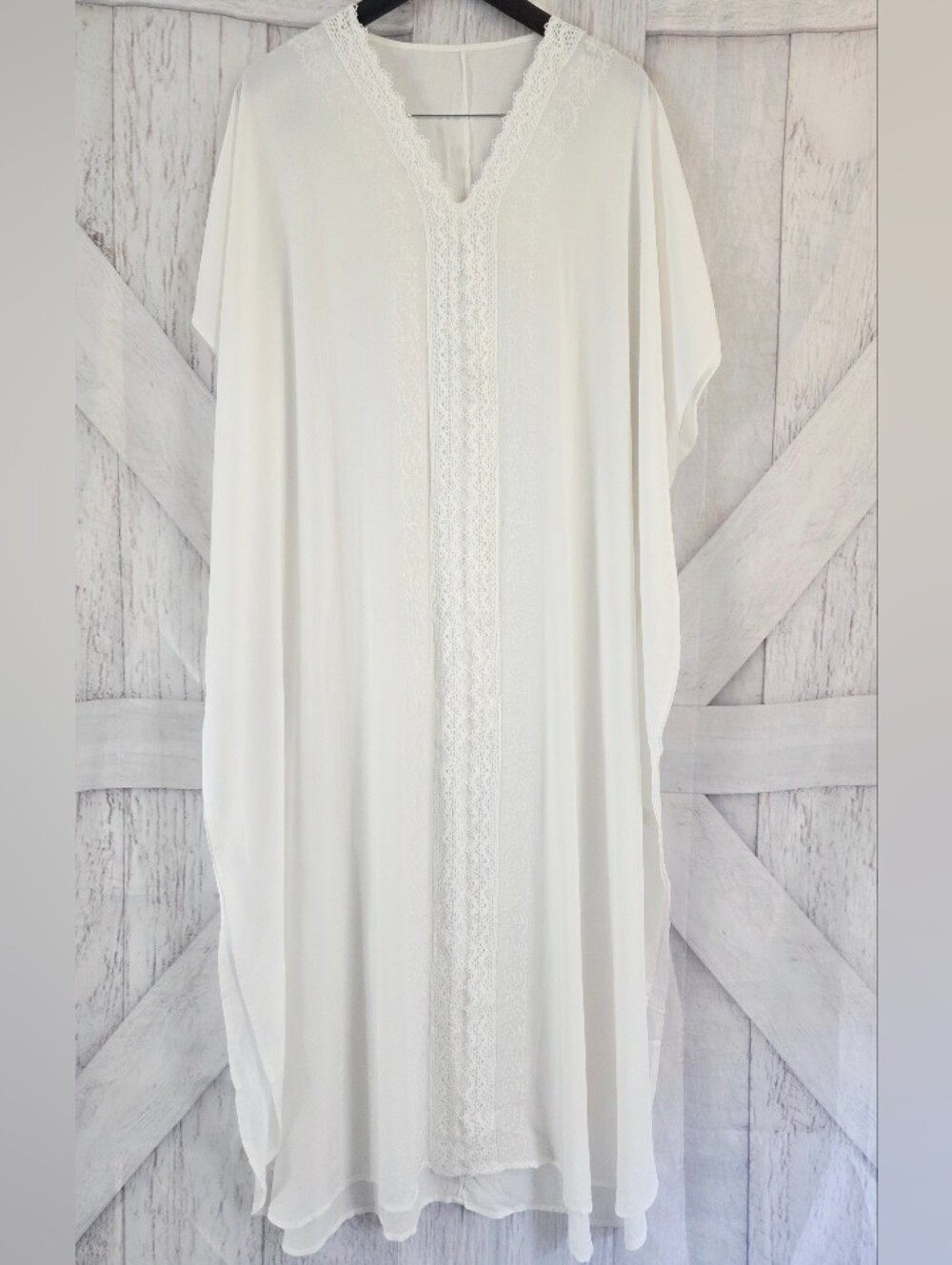 White Lace Trim Boho Kaftan Cover Up Dress One Size 100% Cotton
